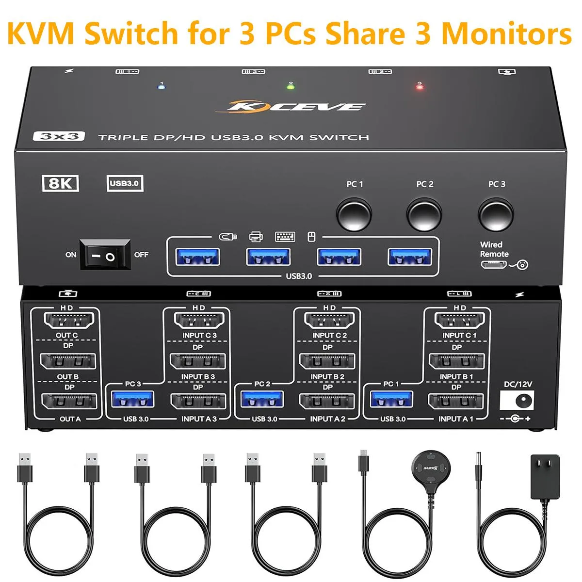 AUTYUE AUTYUE 303DH HDMI + 2 DisplayPort KVM Switch 3×3 8K@60Hz — product photo
