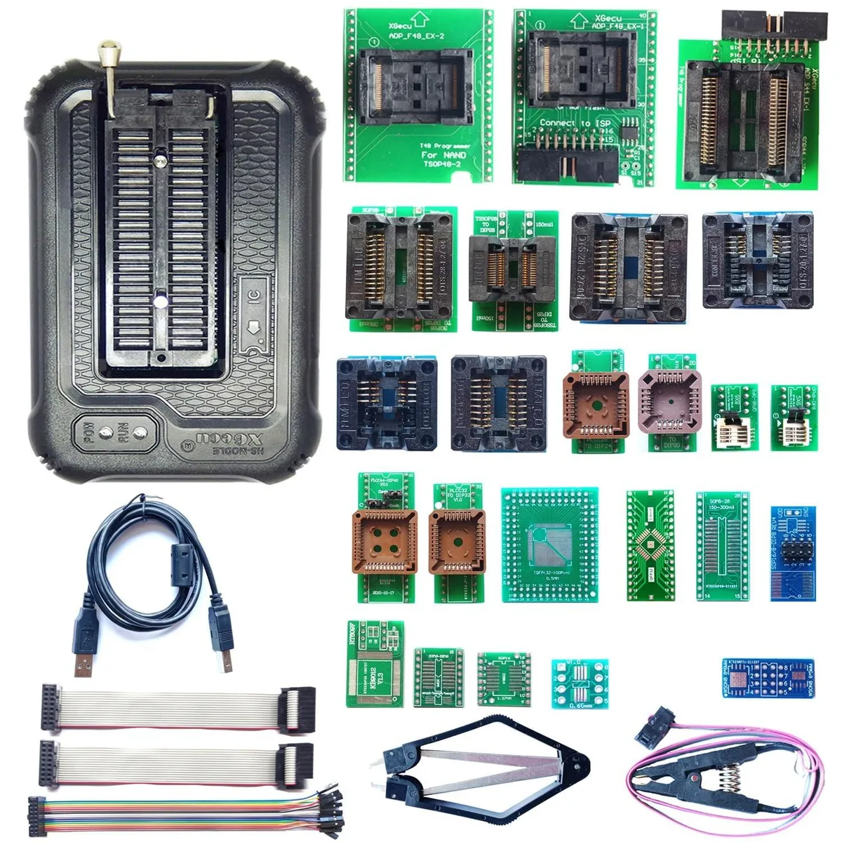 ARENTI T48 programmer unit with 40-pin ZIF socket, multiple adapter boards, SOP8 clip and USB cable