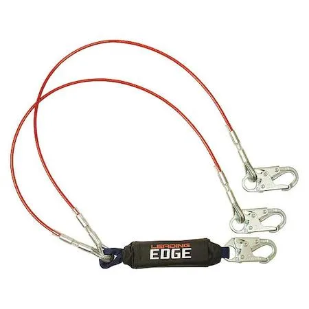 Falltech G8354LEY red shock-absorbing lanyard with steel cable and snap hooks