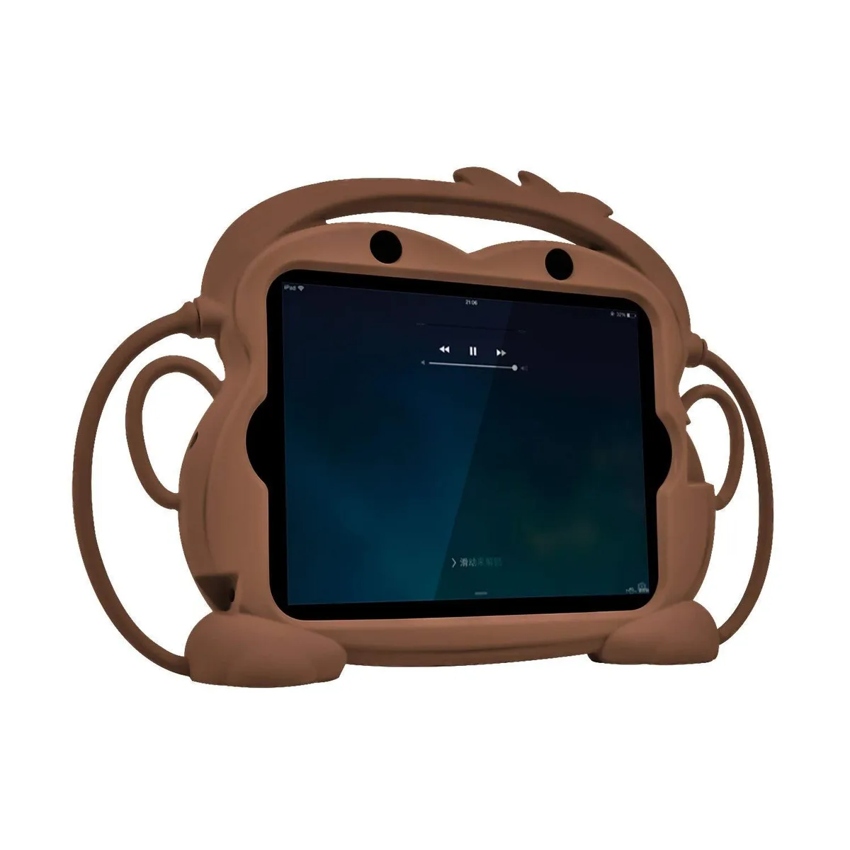 Brown silicone monkey-shaped protective case with ear handles, head strap, removable hands, built-in kickstand feet, fits iPad 2, 3, 4
