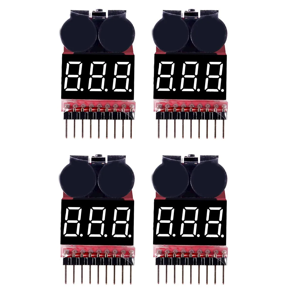 Four small rectangular battery checkers with LCD screens and JST-XH balance ports on one side