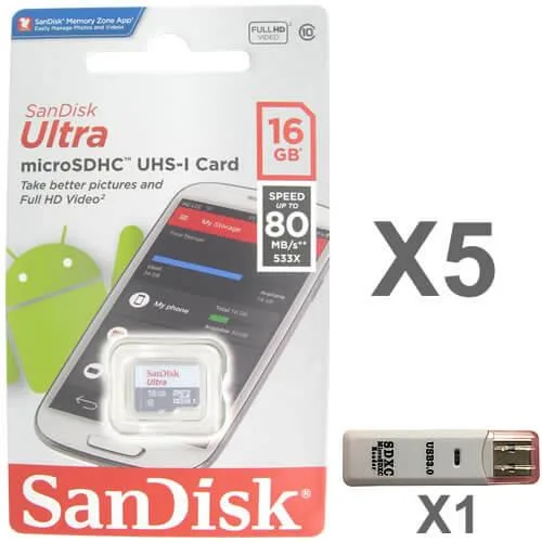 Five small black microSD cards and a black USB reader