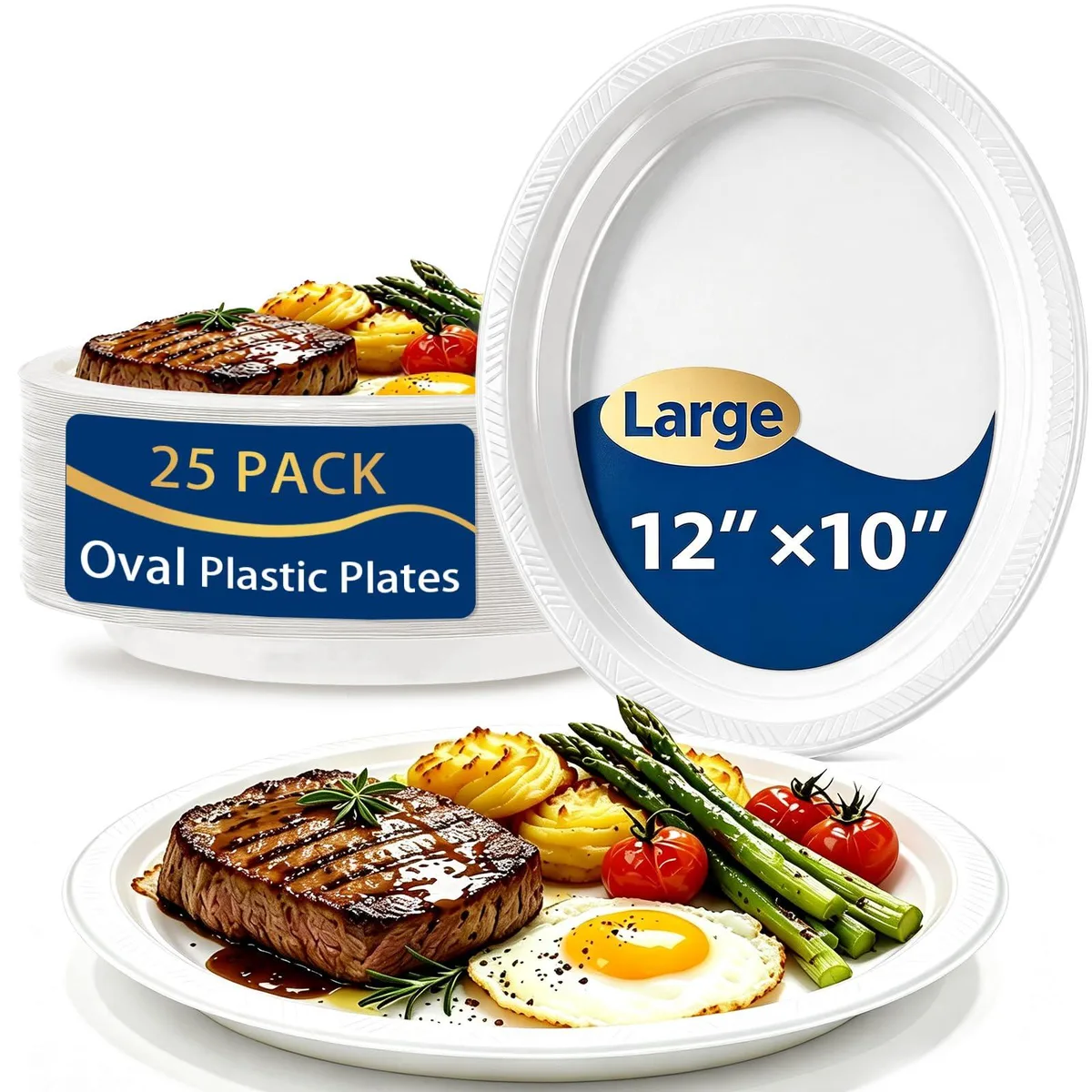 Stack of 25 white oval plastic plates 10 by 12 inches