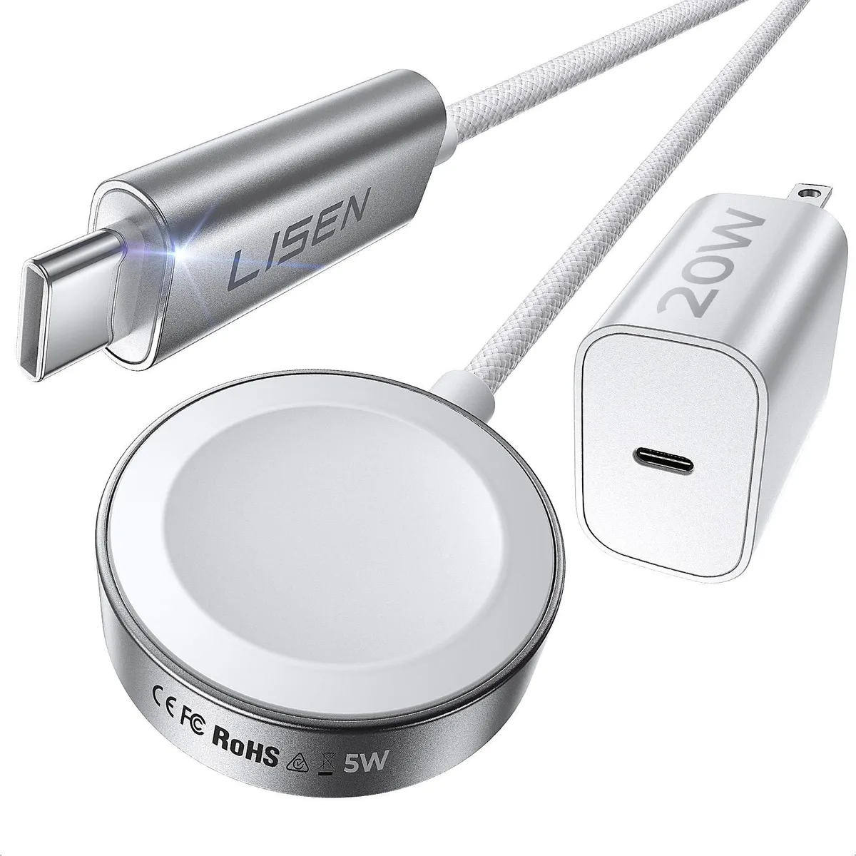White USB-C cable with magnetic Apple Watch charging puck and compact 20W wall adapter