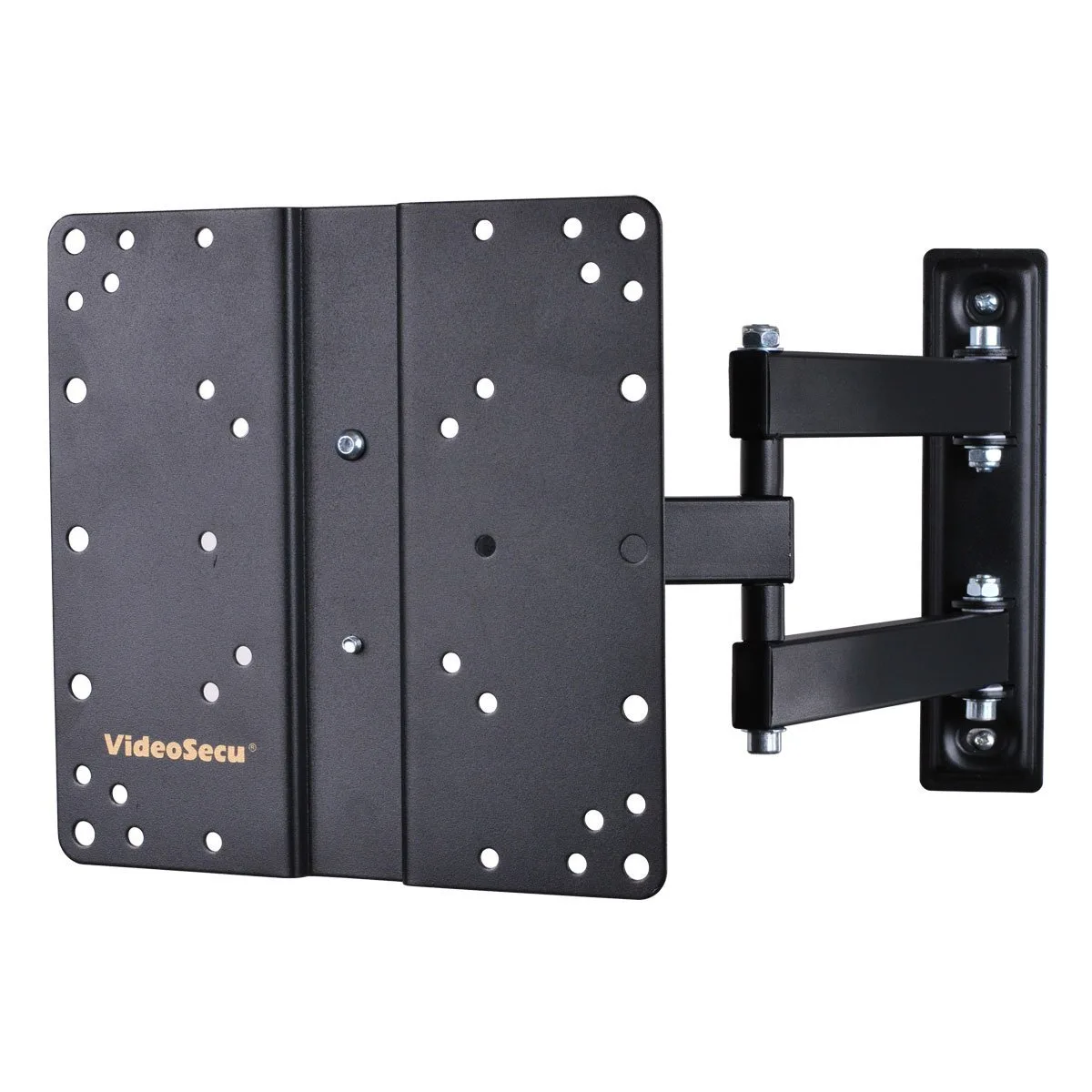 Black steel full-motion TV bracket with articulated arms extended 14 inches from wall