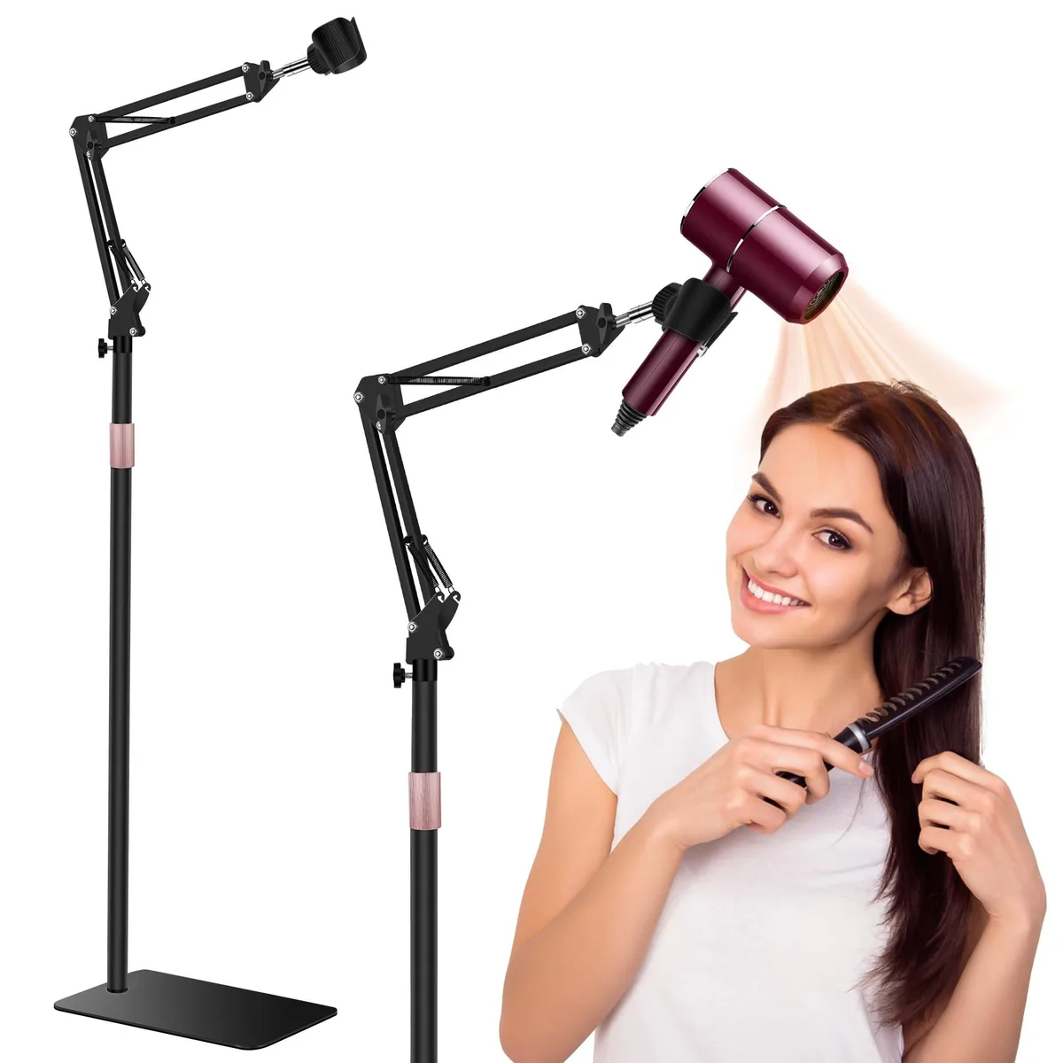 Black adjustable hair dryer stand with heavy base and rotating clamp