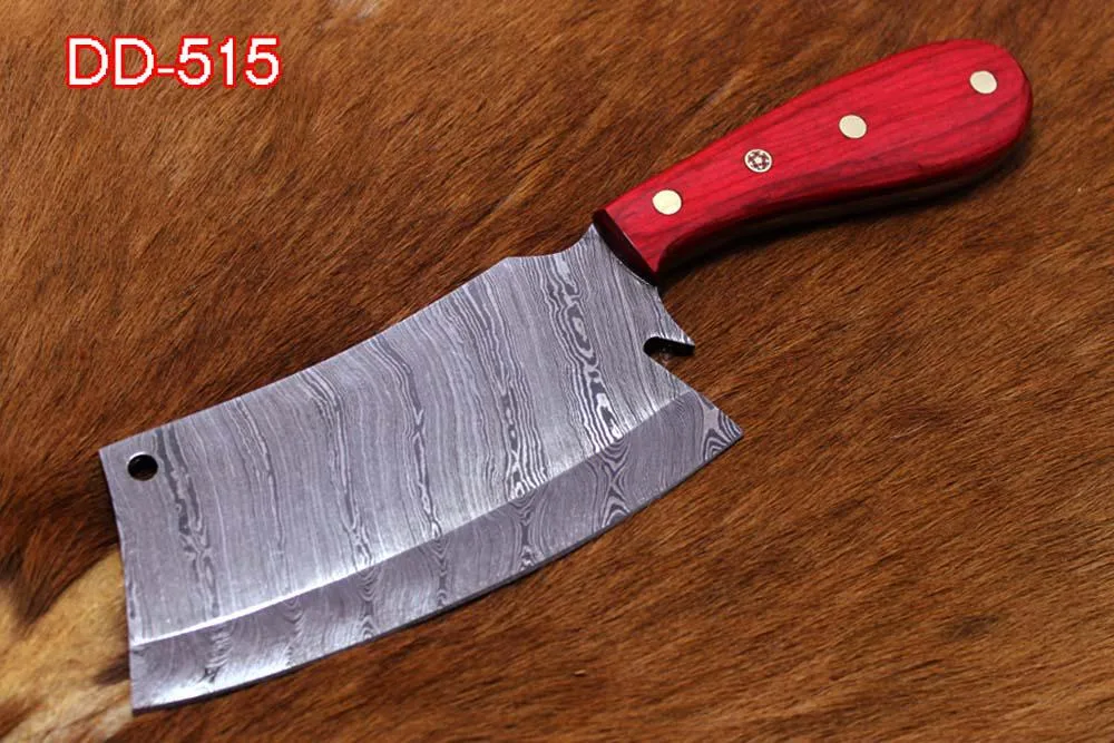 Damascus Depot Damascus Depot 9.5" Butcher Cleaver Red Wood Handle Leather Sheath — product photo