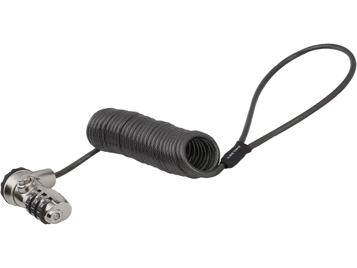 Silver laptop cable lock with coiled steel cable and combination dial