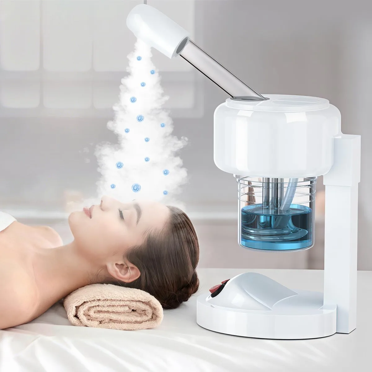 White portable facial steamer with removable water cup and 360° rotating nozzle