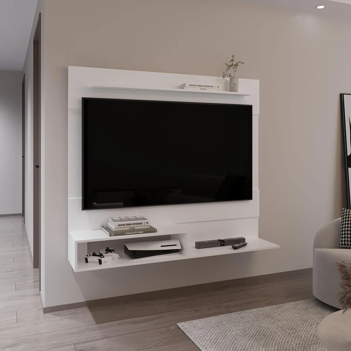 White wall-mounted MDF entertainment unit with two floating shelves and TV space