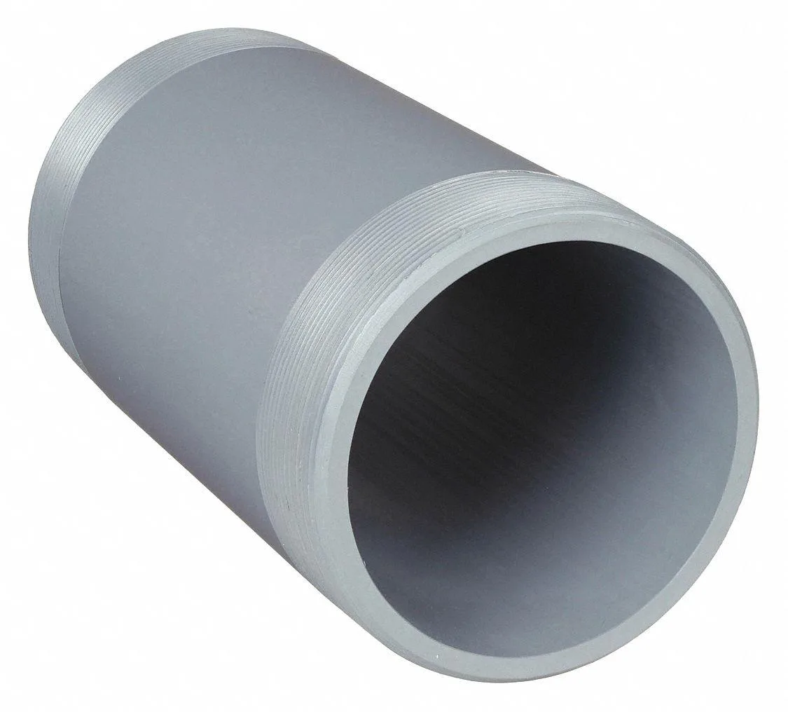 Gray PVC pipe nipple threaded one end plain the other 6 inch nominal 8 inch length Sch 80