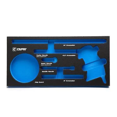 Black EVA foam tray moulded for Windstorm EX air blow gun and accessories, slim rectangular shape with printed size markings