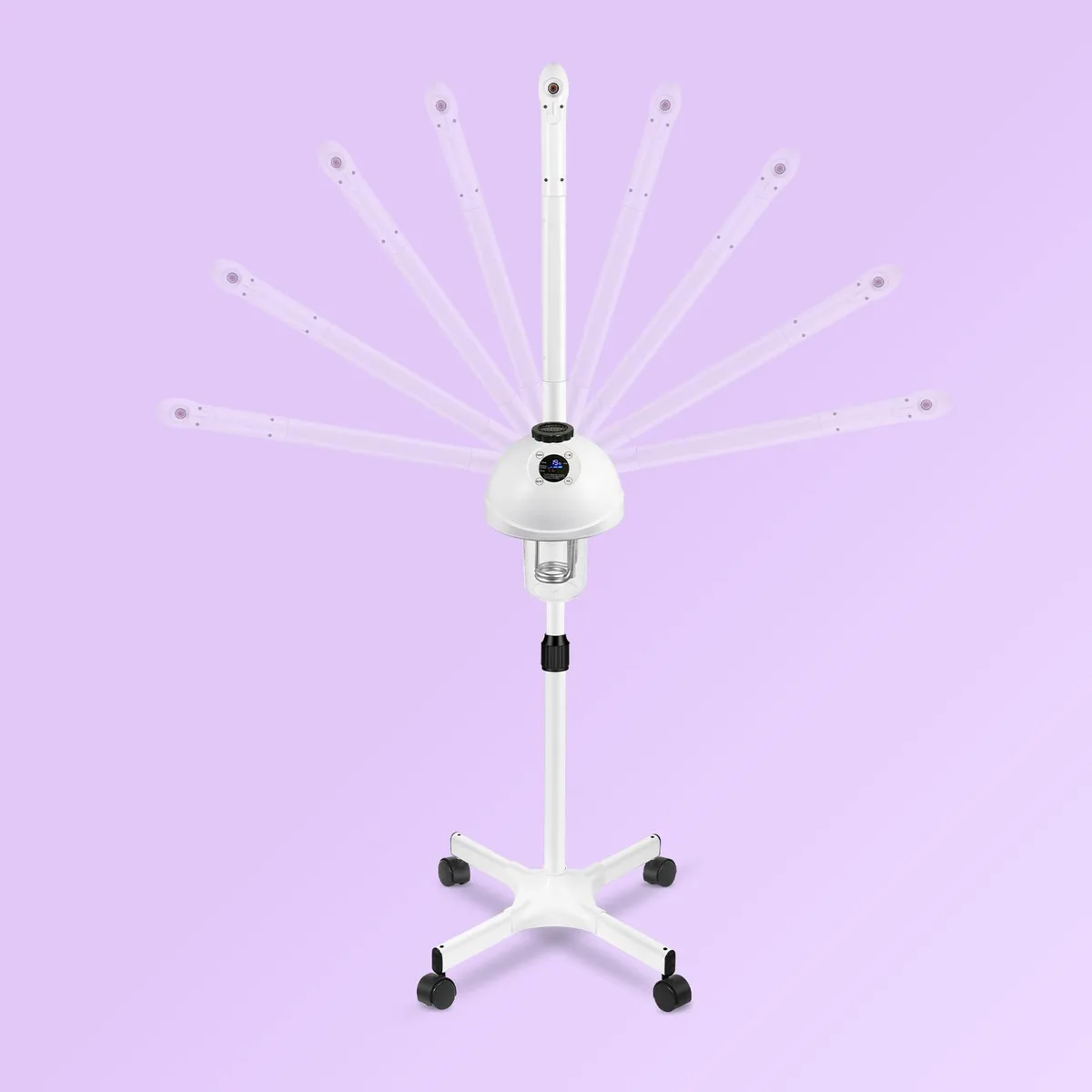 White facial steamer on wheels with adjustable arm and water tank