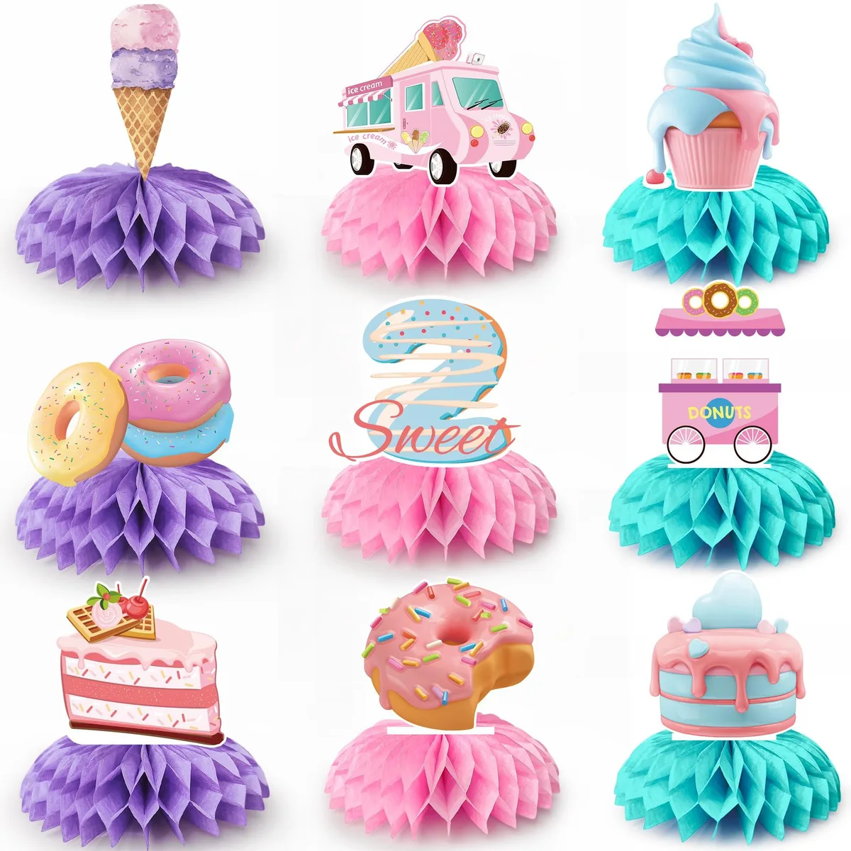 Nine colorful donut honeycomb centerpieces with printed cards, flat-packed for assembly