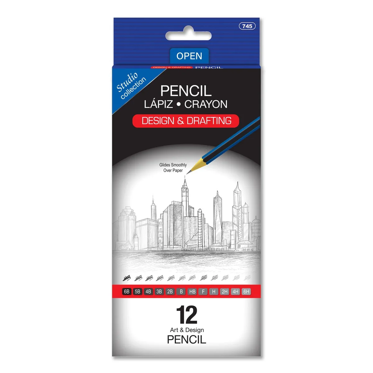 A cardboard box holding twelve wood-cased graphite pencils graded 6B to 6H