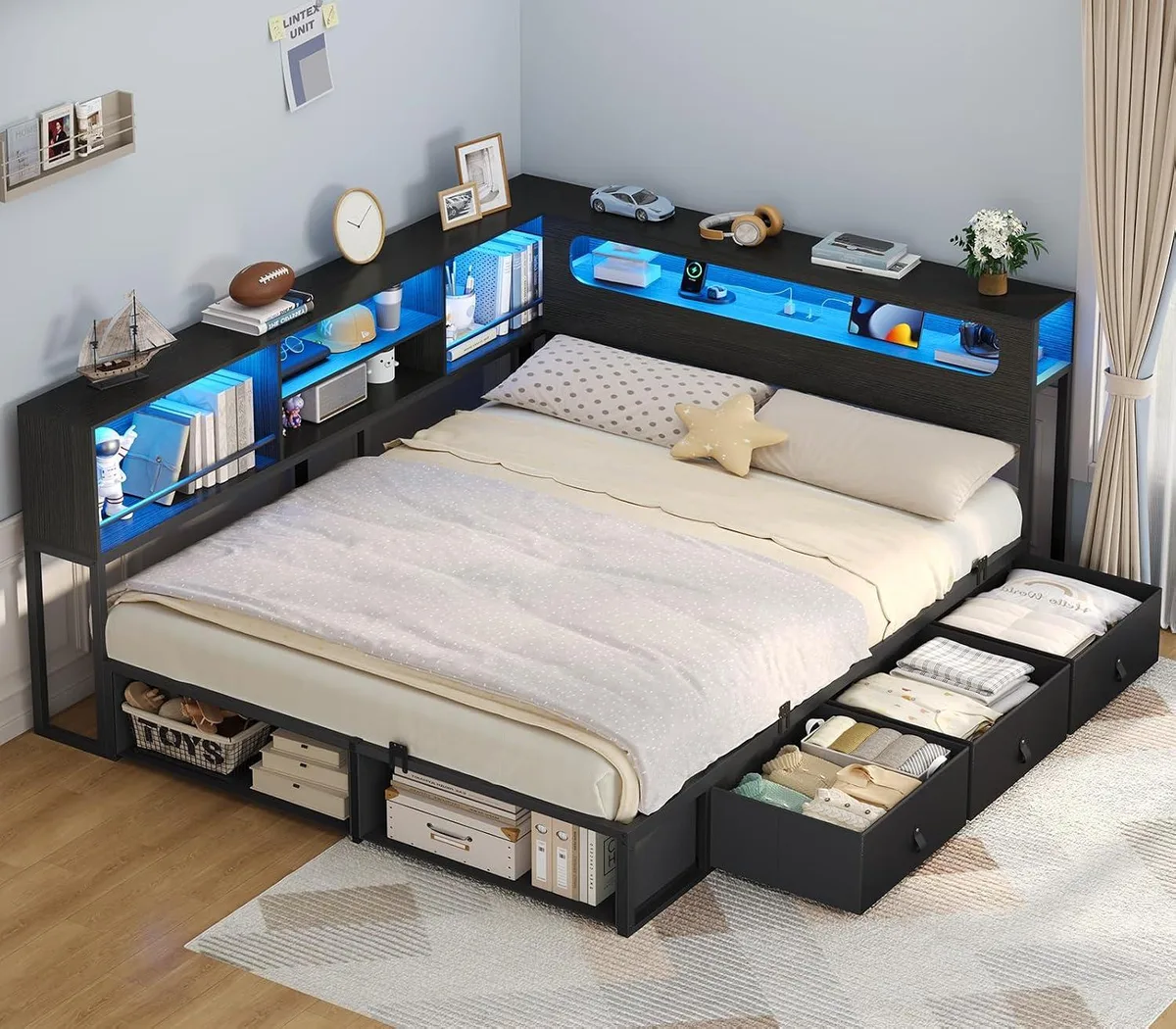 Black corner daybed frame with storage drawers, cubbies, shelved headboard and RGB lighting