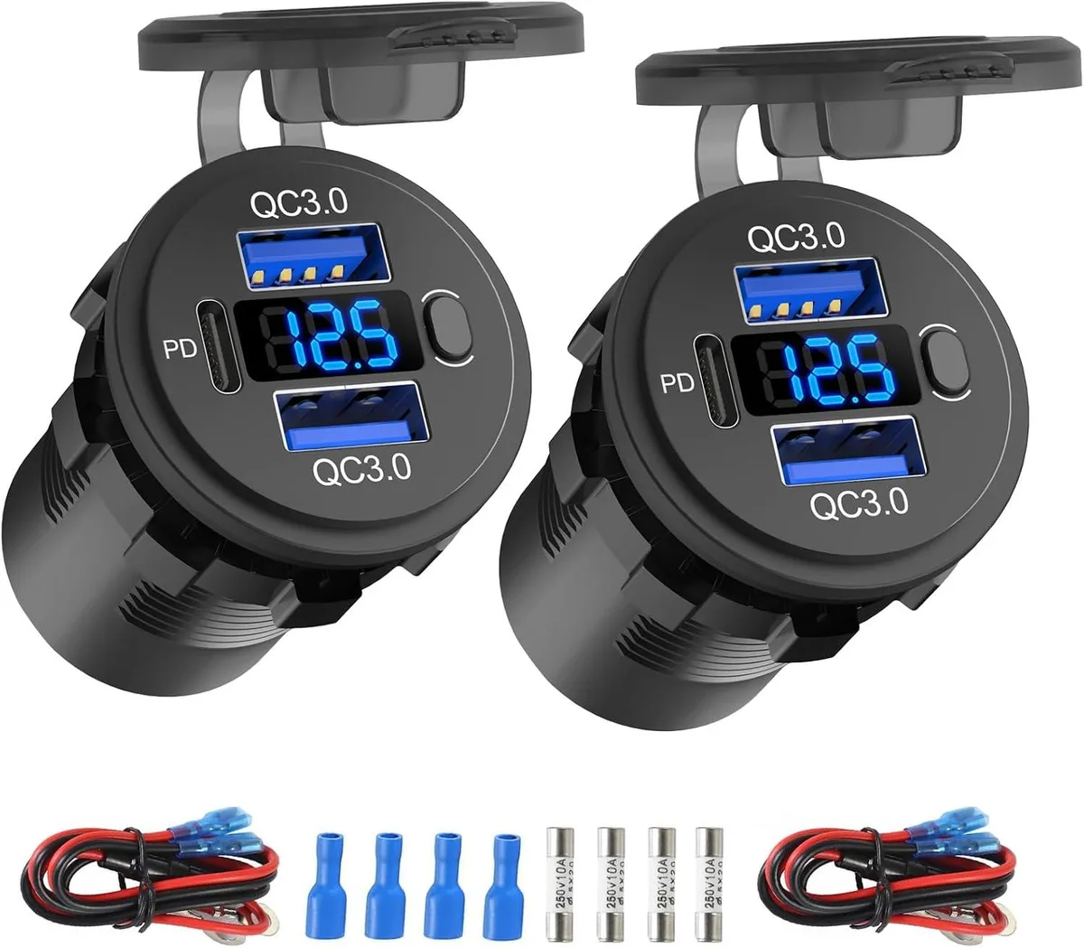 Leelbox Leelbox 2-Pack 12-24V Dual QC 3.0 + PD 3.0 USB Car Charger with Voltmeter &amp; Switch — product photo