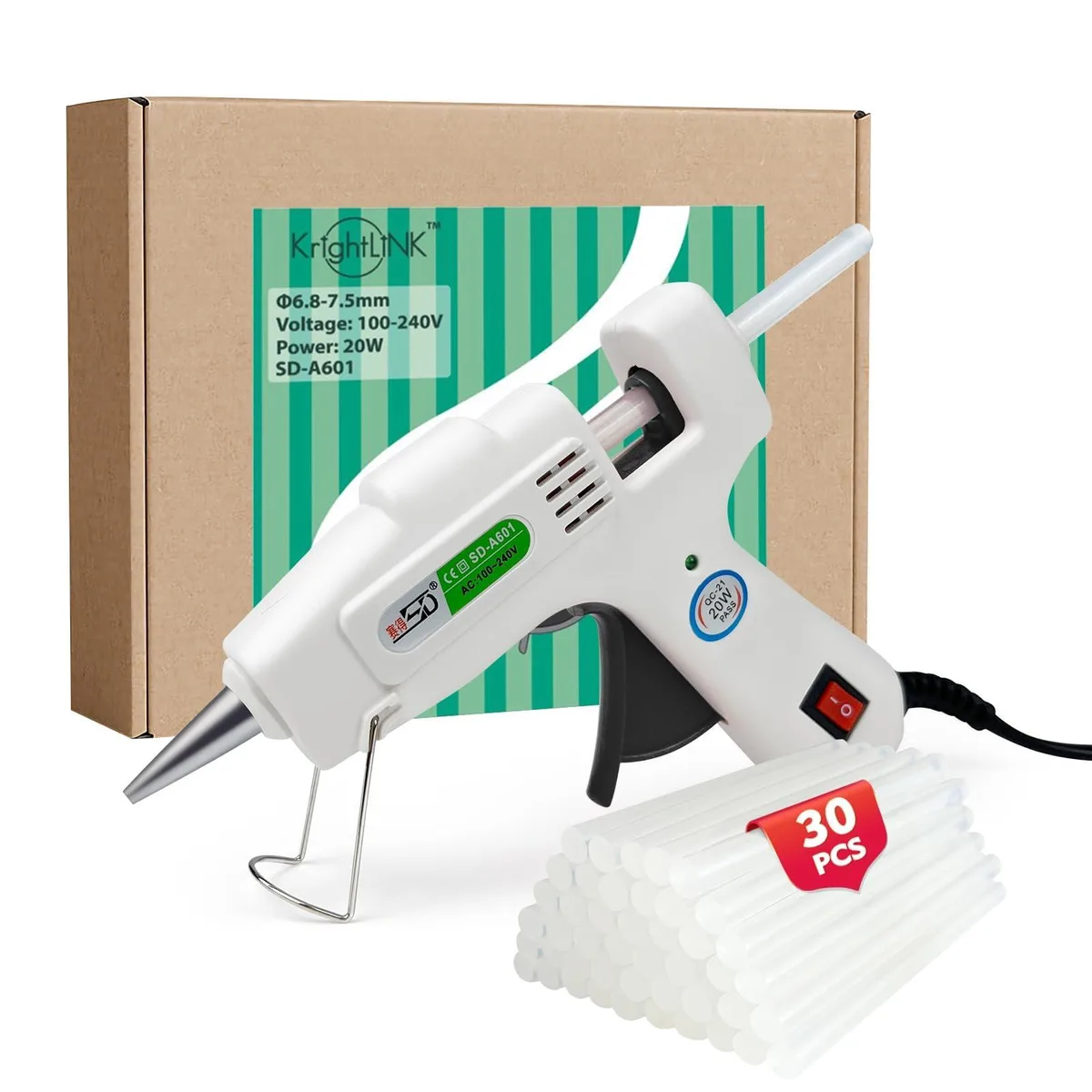 White corded glue gun with foldable stand and 30 glue sticks