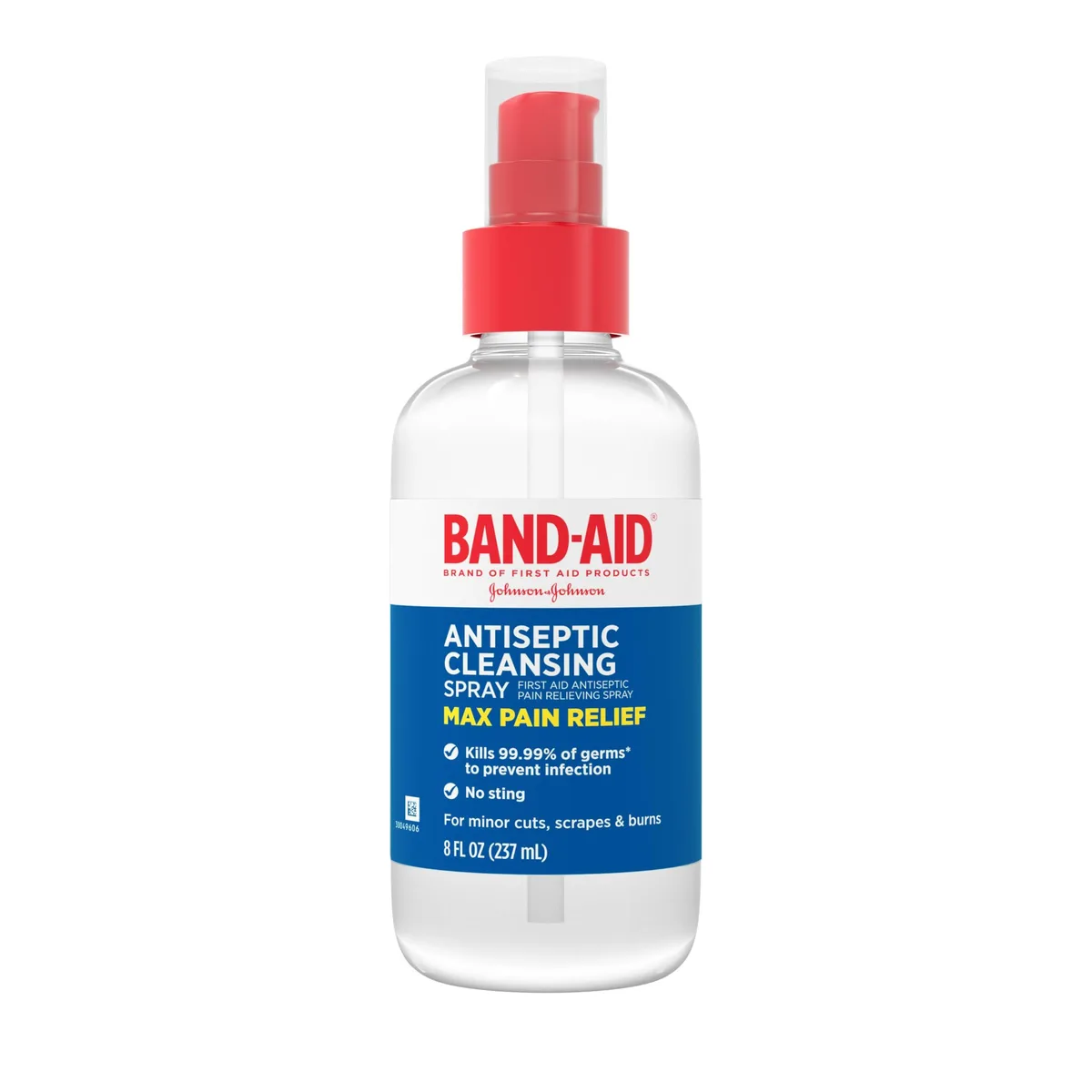 Clear spray bottle with white label and red cap, 8 fl oz Band-Aid antiseptic cleansing spray