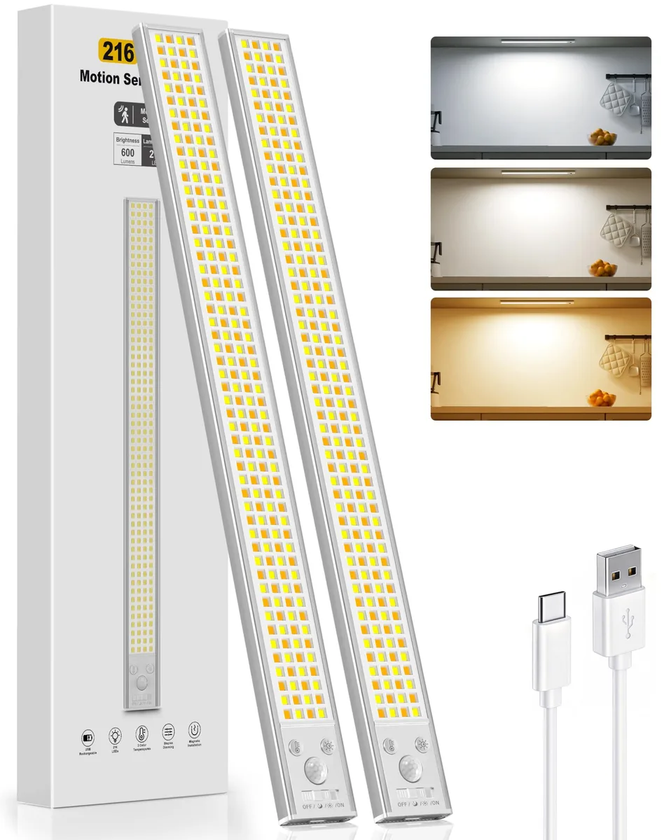 Two slim 16 inch white plastic light bars with motion sensor and USB charging cables