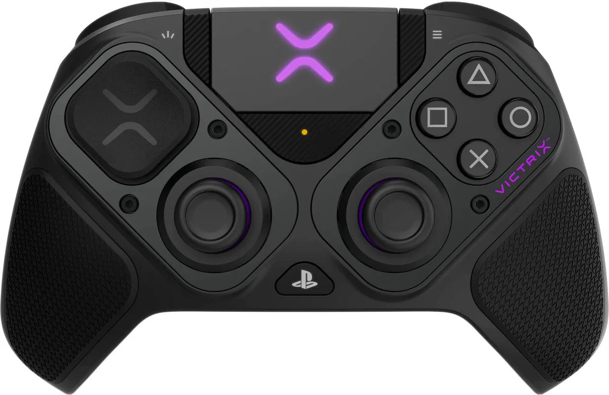 Black wireless gamepad with modular stick layout and rear paddle buttons