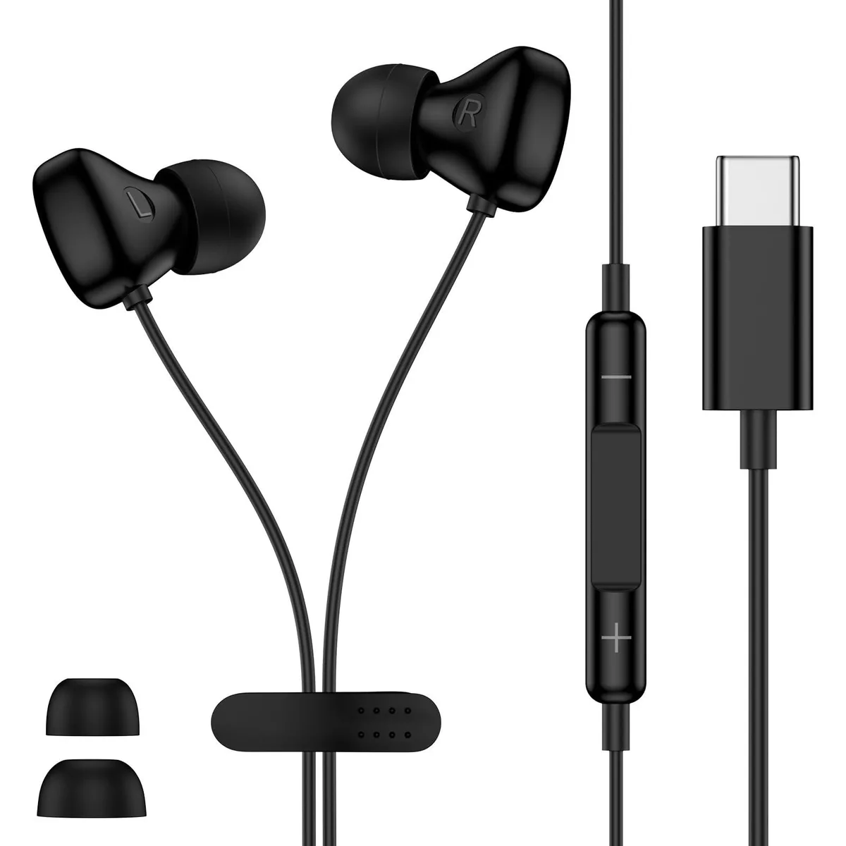 No Sew No Sew USB-C In-Ear Headphones Black 14.2mm DAC 48kHz 24-bit 4ft TPE Inline Controls 3 Eartips — product photo