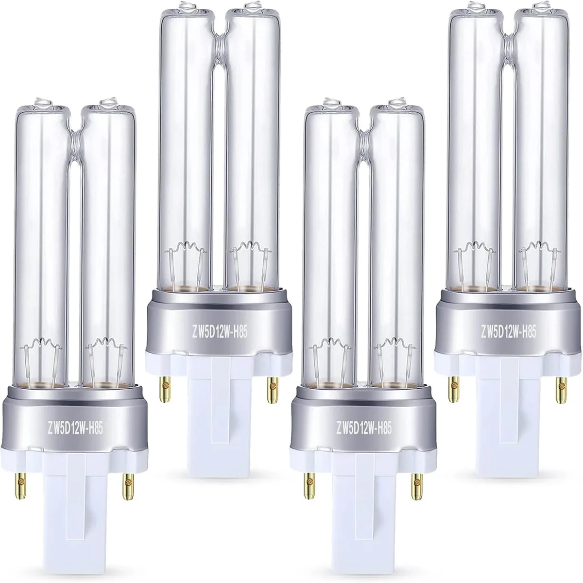 Four small UV-C fluorescent bulbs with two-pin G23 bases in a clear pack