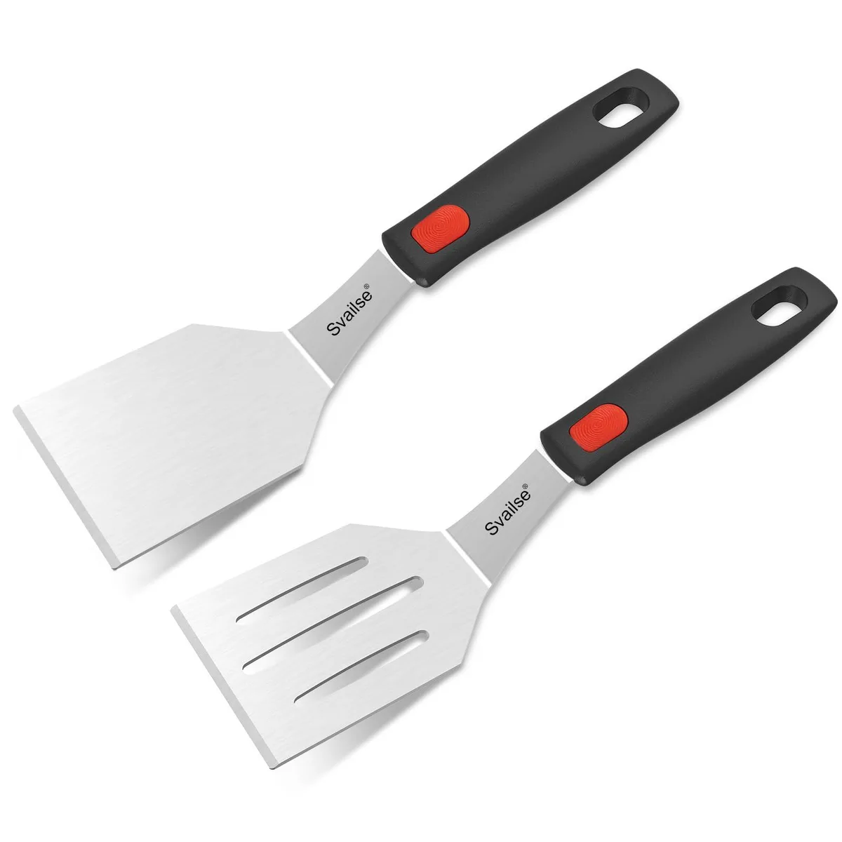 Two black stainless steel spatulas with silicone handles, 10.1 inches long