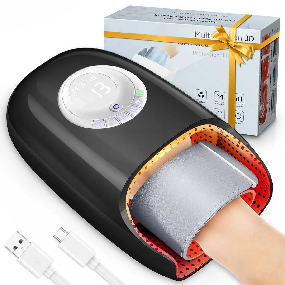 Black hand massager with open palm cavity and wrist strap, matte finish, compact rectangular shape