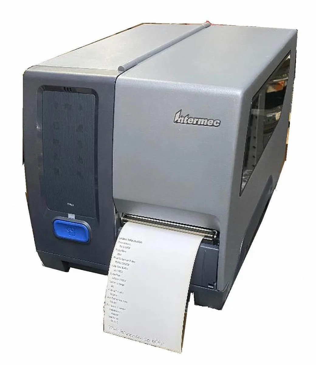 Intermec PM43 industrial barcode label printer, grey rectangular unit with front media window
