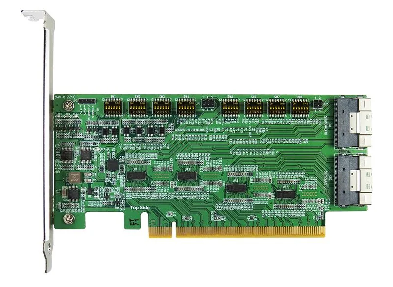 Green circuit board with gold PCIe edge connector and dual SlimSAS ports