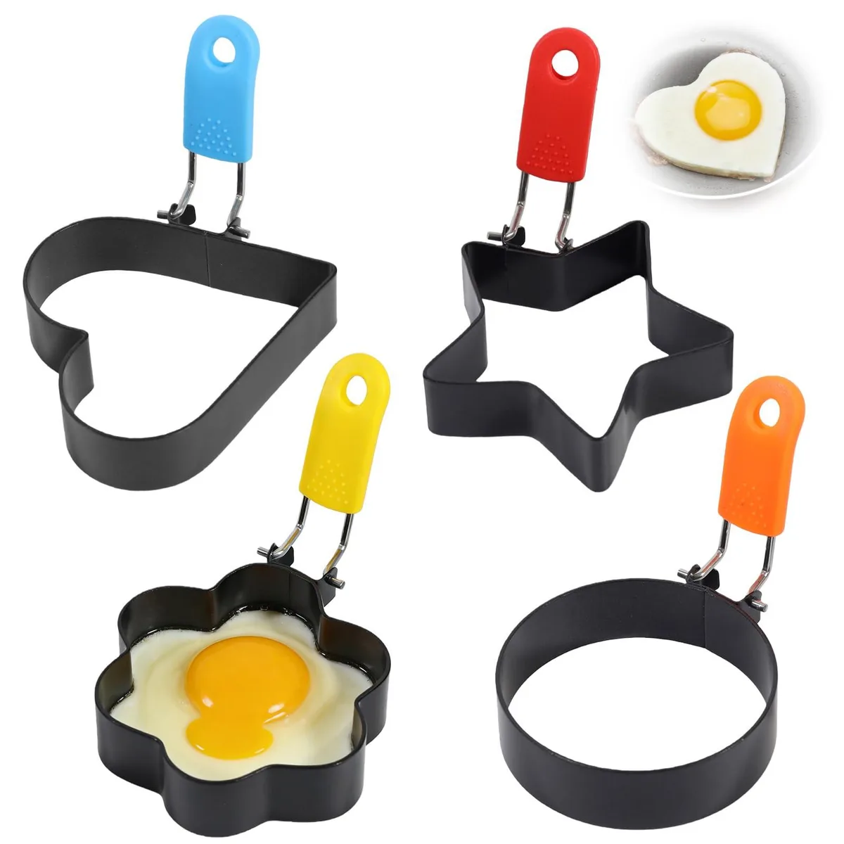 KooLuLu 4 Pack Egg Rings Set, 4 shapes, 3.34" round, 2.2cm tall, stainless steel — product photo