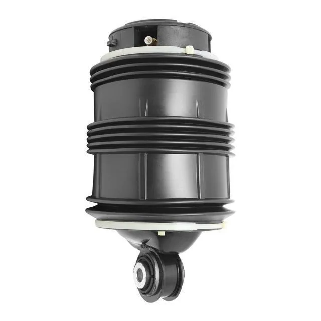 Cylindrical black rubber air spring with metal end caps, 12.6 by 7.87 inches