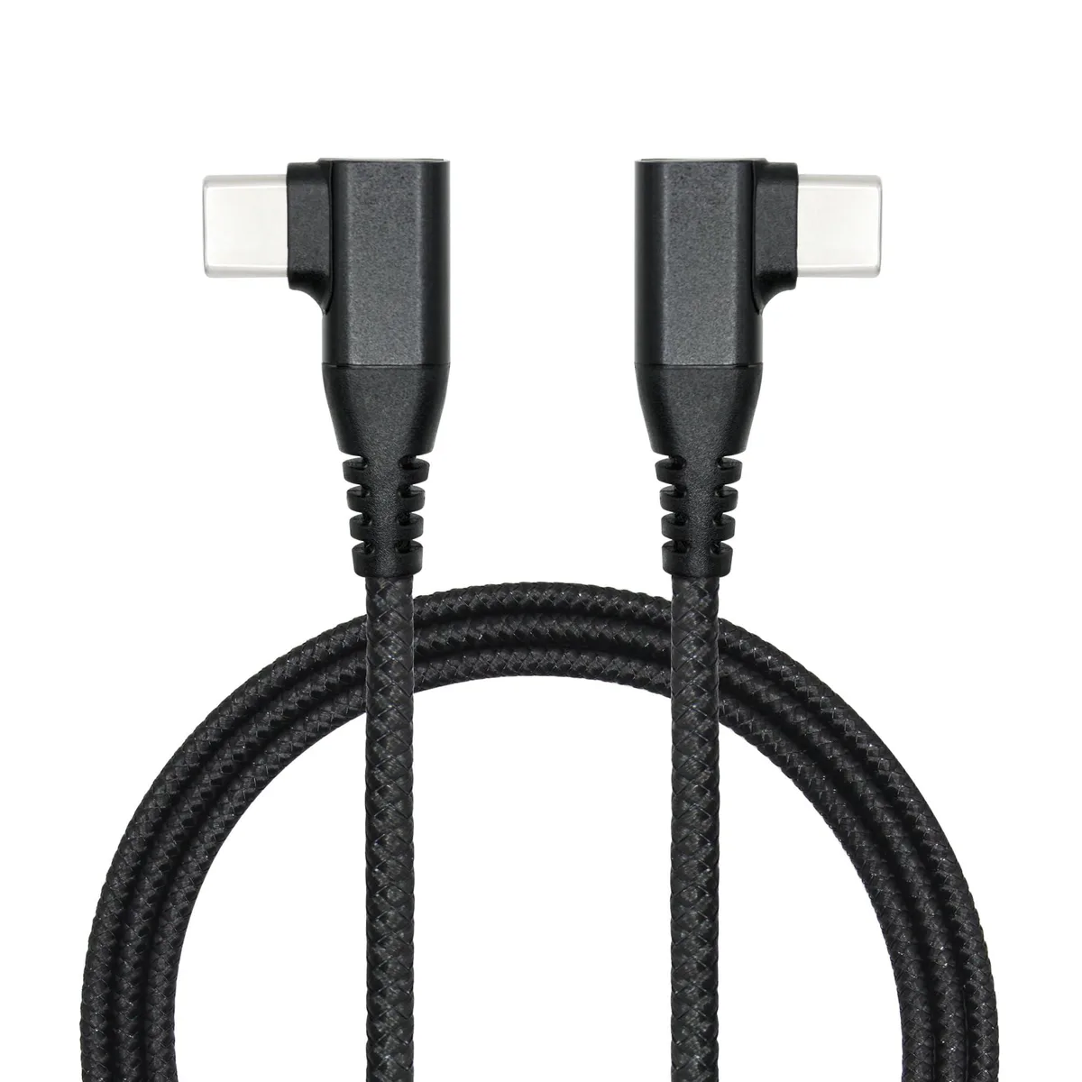 Black right-angle USB-C to USB-C cable with nylon braid and aluminium connector housings, one metre long