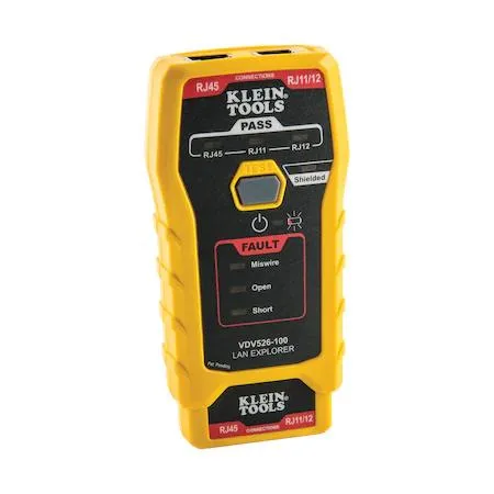 Yellow handheld cable tester with stored remote, LED display and compact plastic body