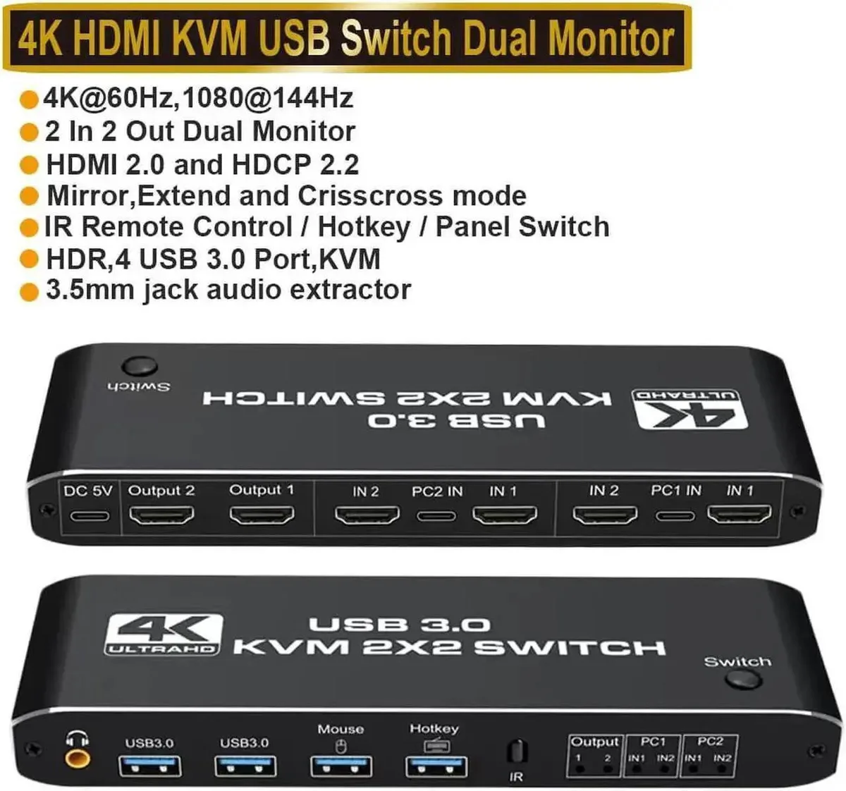 Vszerda Vszerda 4K 60Hz 2-in 2-out HDMI 2.0 USB 3.0 KVM Switch — product photo