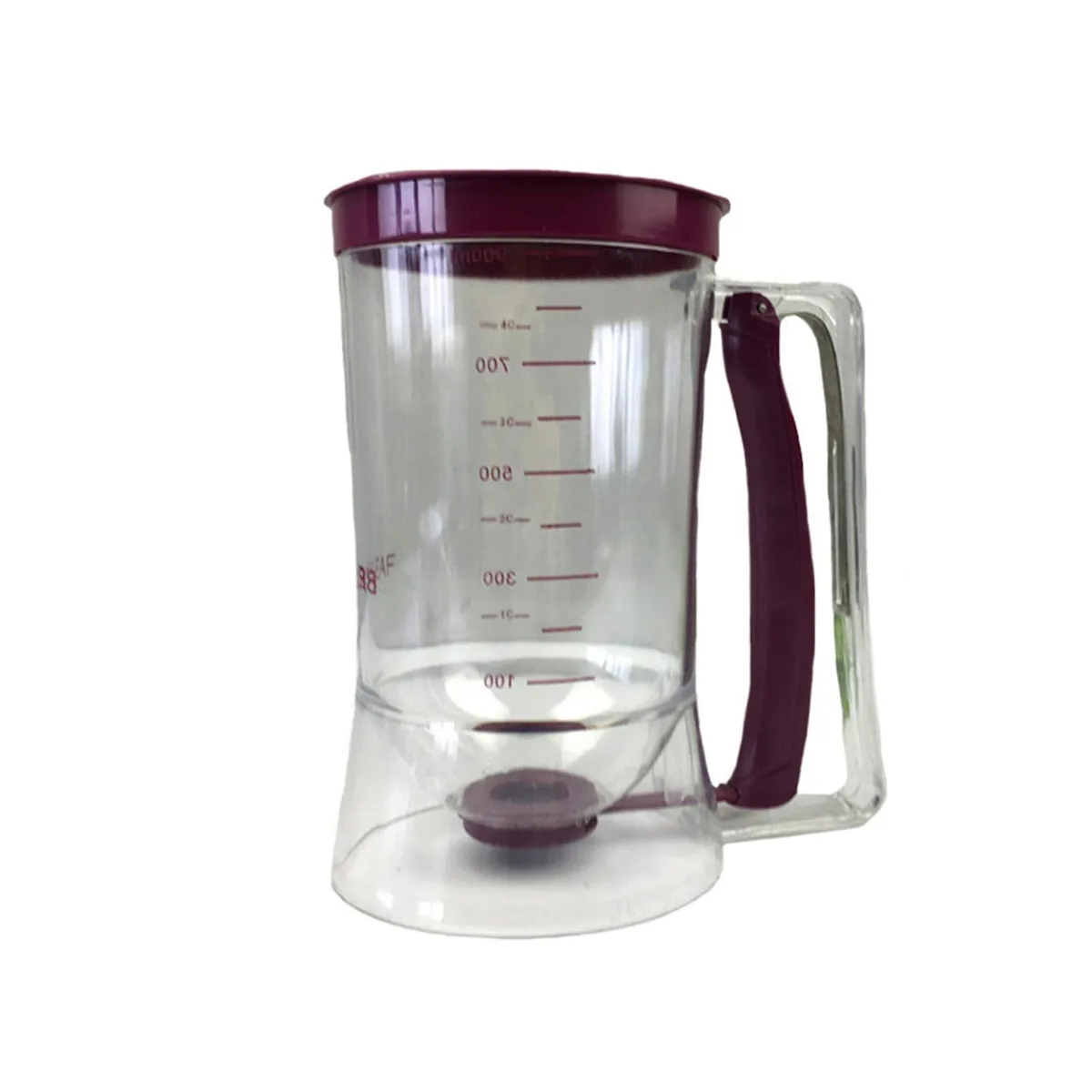 Purple transparent plastic batter dispenser with squeeze handle and measuring marks, 18x11cm