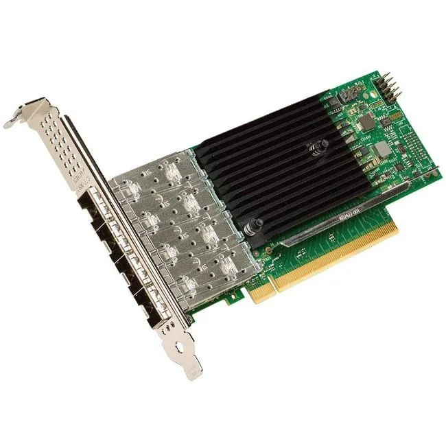 Low-profile Intel E810 network card with four ports, silver bracket and black PCB