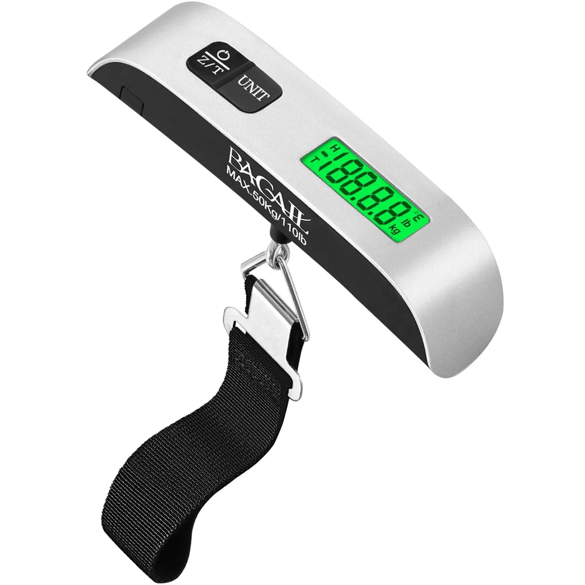 Compact silver handheld luggage scale with backlit LCD screen, nylon strap and metal hook