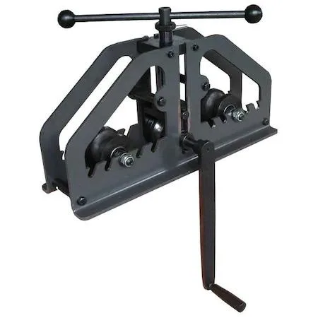 Grey metal bar and tube roller with three rollers and hand lever