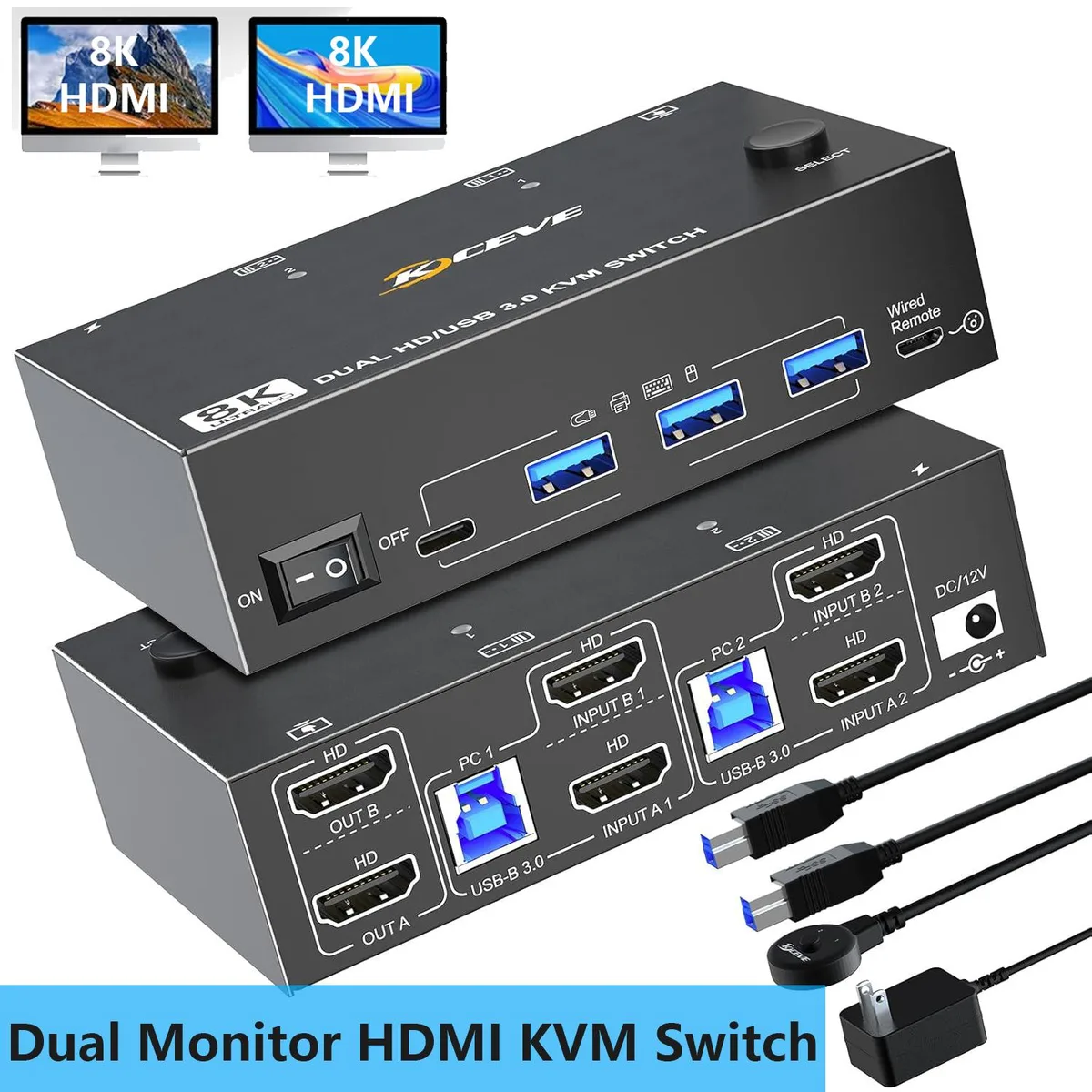IHDAPP IHDAPP KVM Switch 2 Monitors 2 Computers 8K@60Hz 4K@120Hz 4 USB 3.0 Wired Remote — product photo