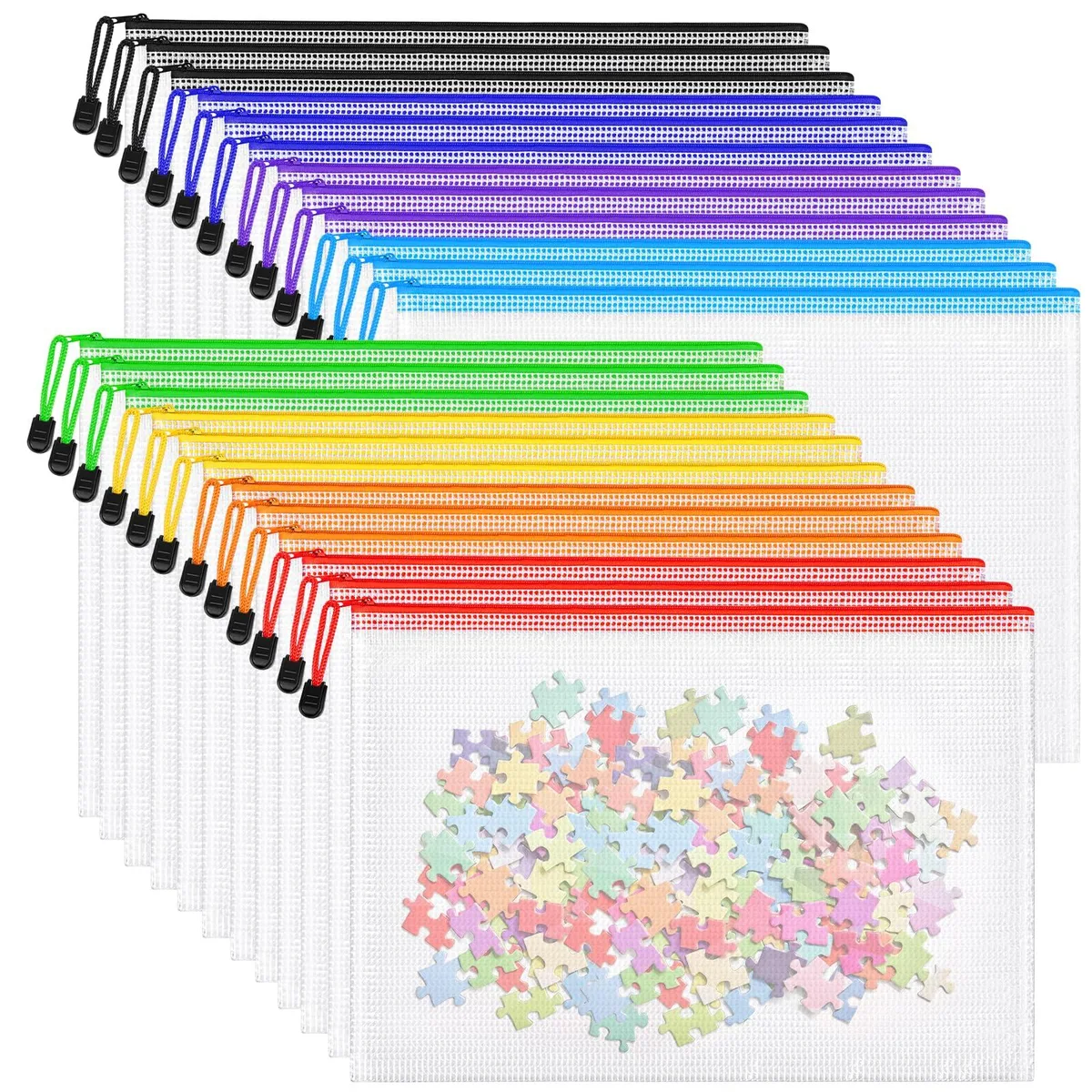 Set of 24 A4 mesh zipper pouches in eight colours