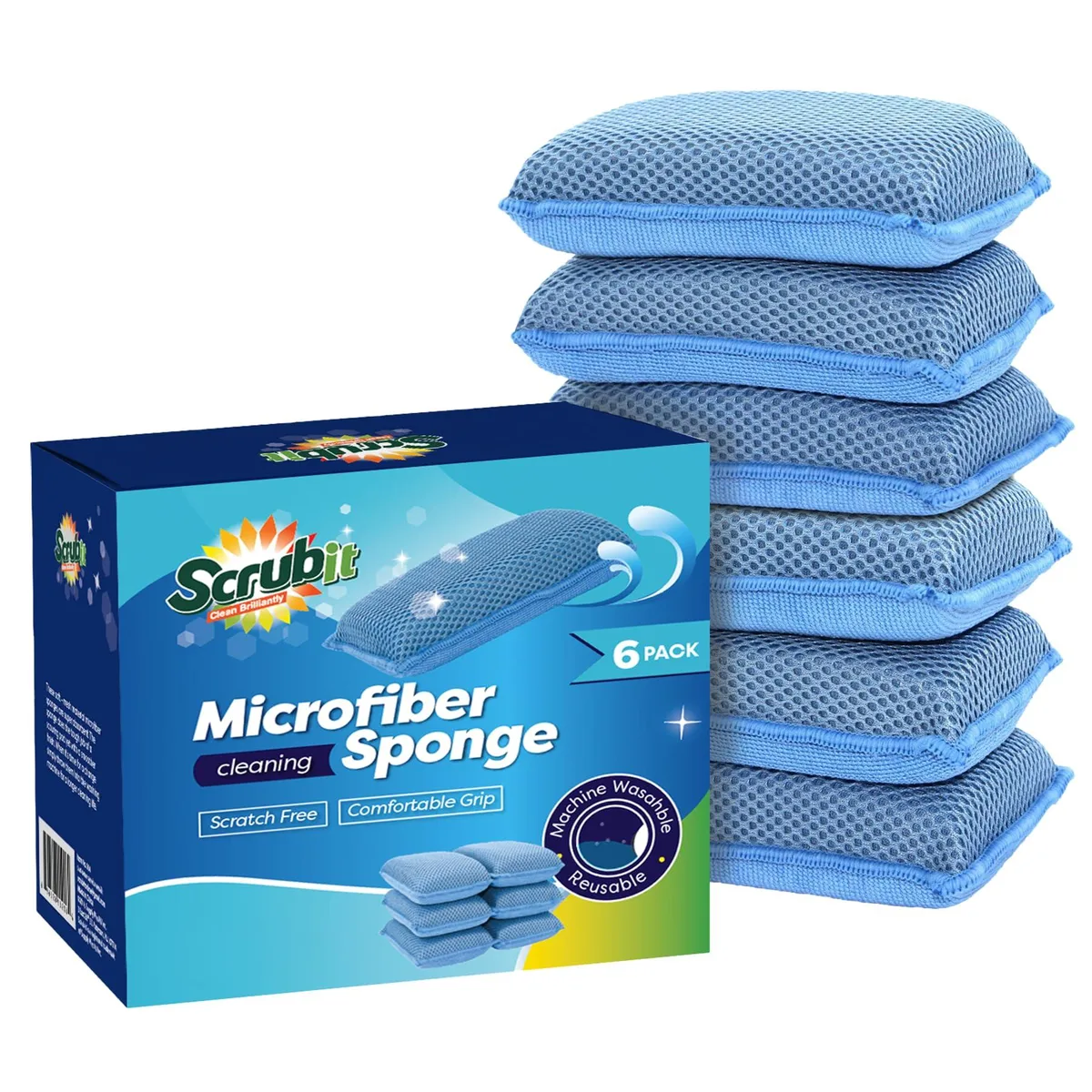 Six blue microfiber sponges in a pack
