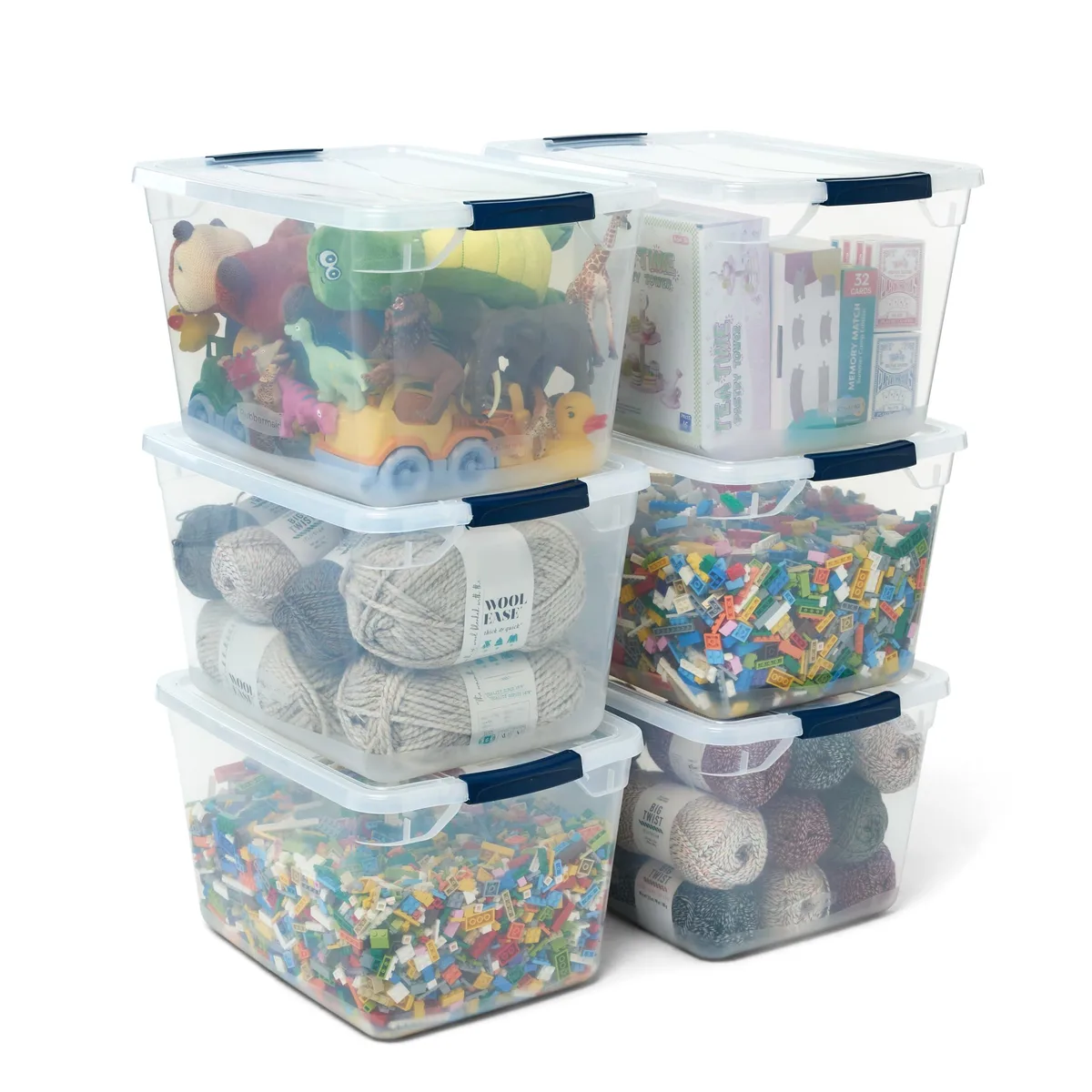 Six clear plastic bins with black lids and latches, stacked together