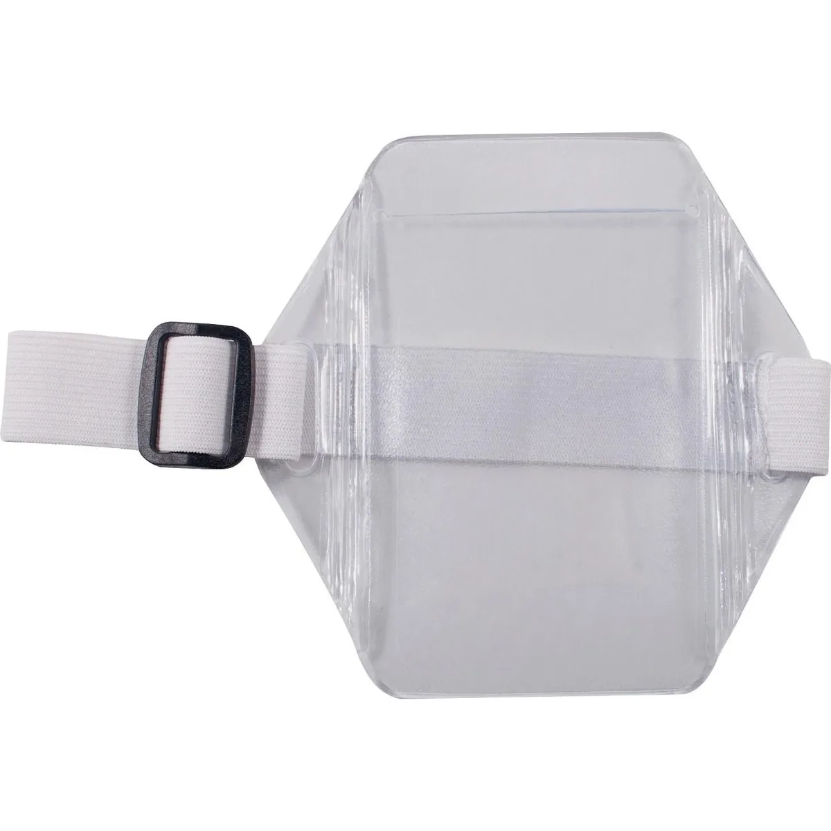Clear vinyl badge pouch with white elastic arm band, pack of 12