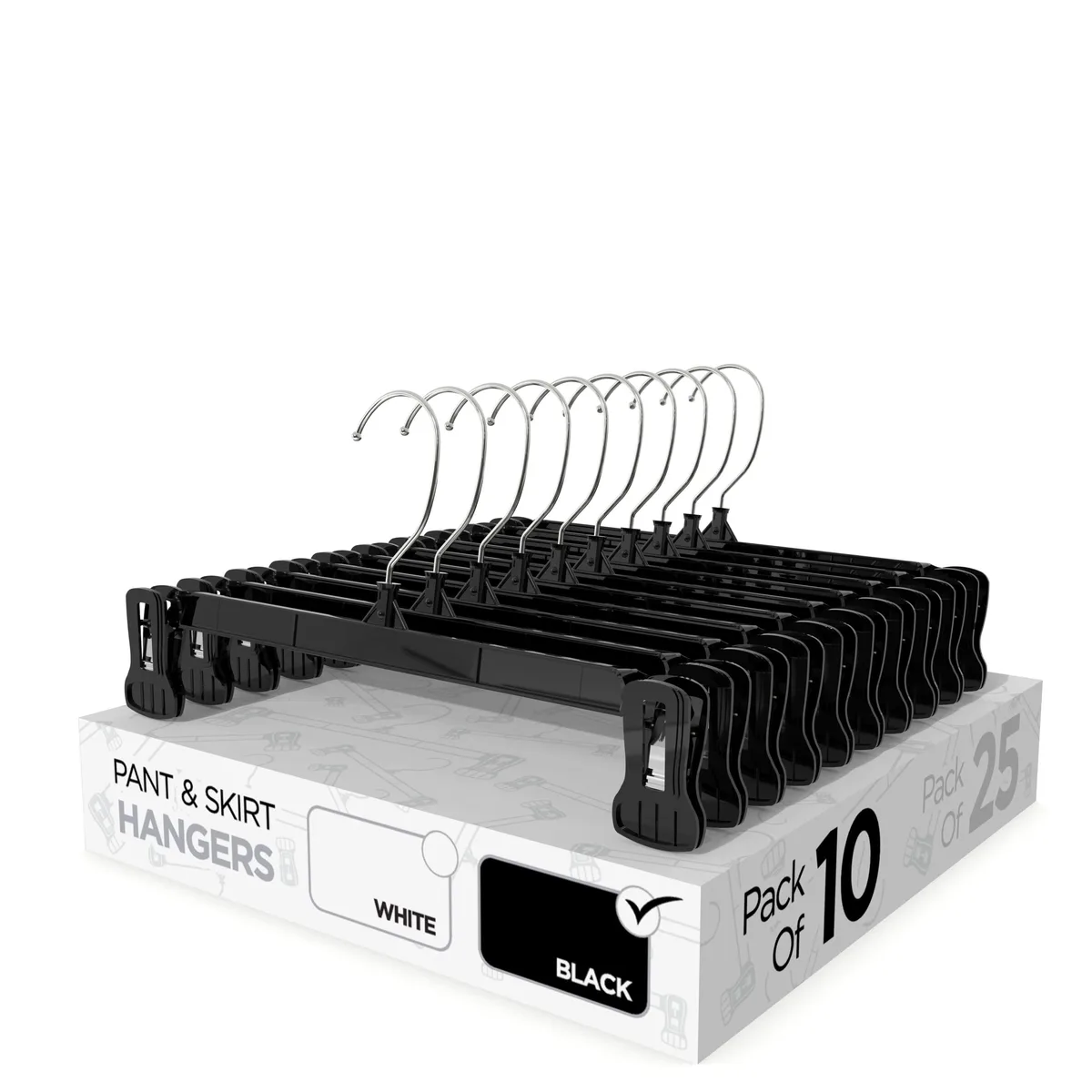 Black plastic pant and skirt hangers with rubber clips and swivel hooks, ten pack