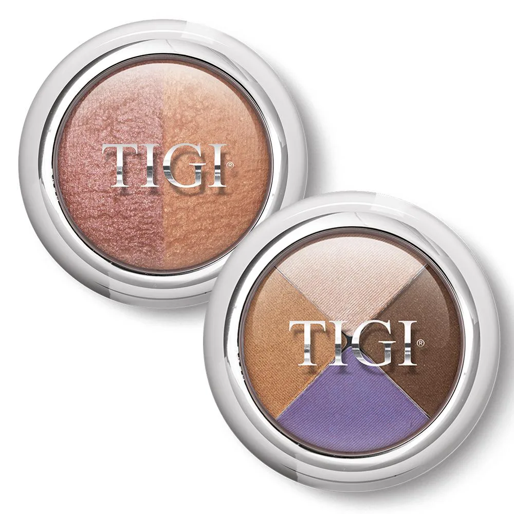 Compact makeup palette with blush duo and quad eyeshadow in sleek case