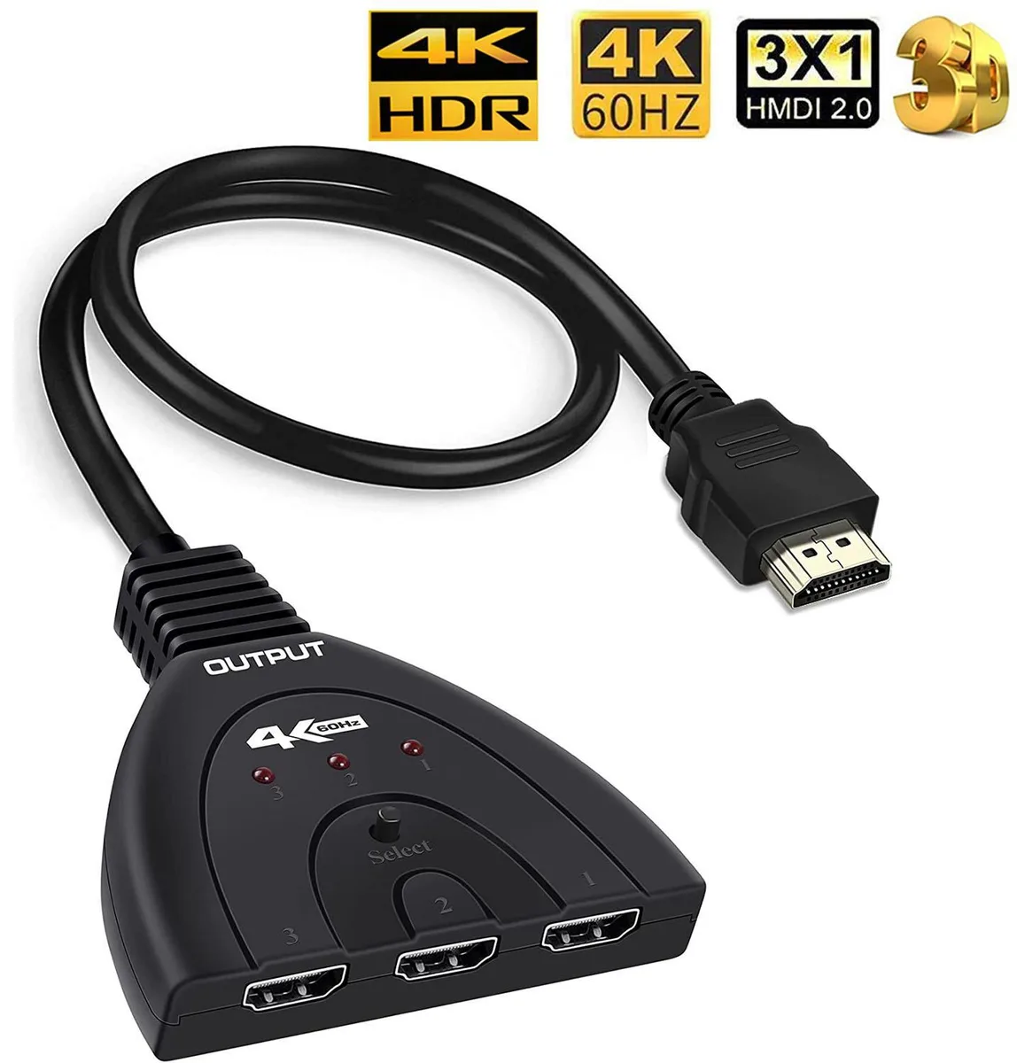 WRIARICH WRIARICH OZQ1 3‑port HDMI 2.0 video switch 4K 60Hz 18Gbps with 50cm pigtail — product photo