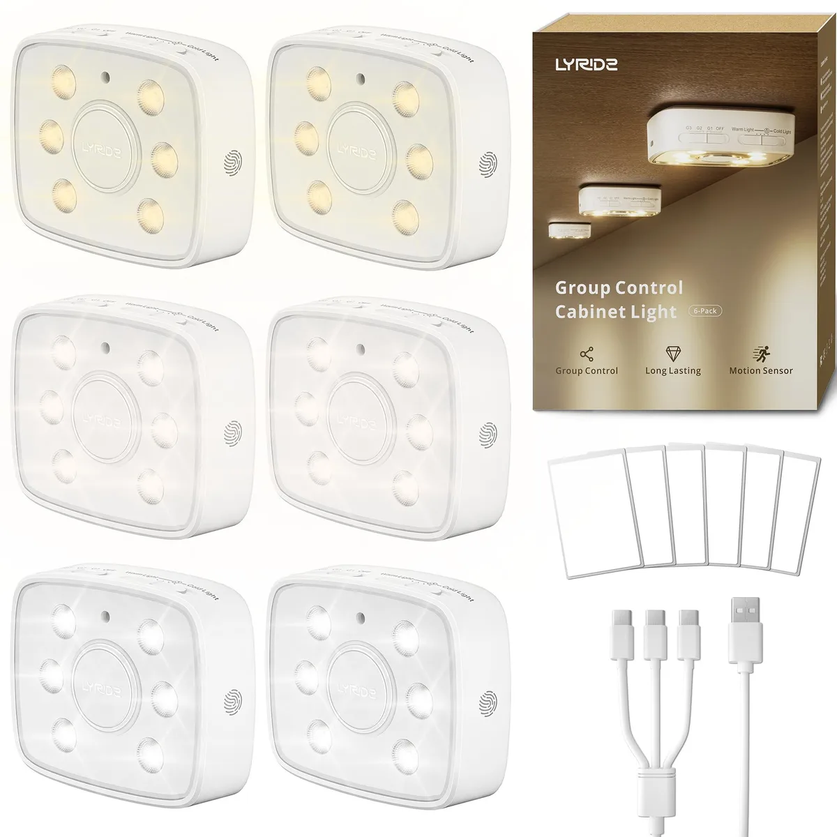 Six white polycarbonate puck lights, 2.75 by 1.18 by 3.3 inches each, magnetic stick-on mounting