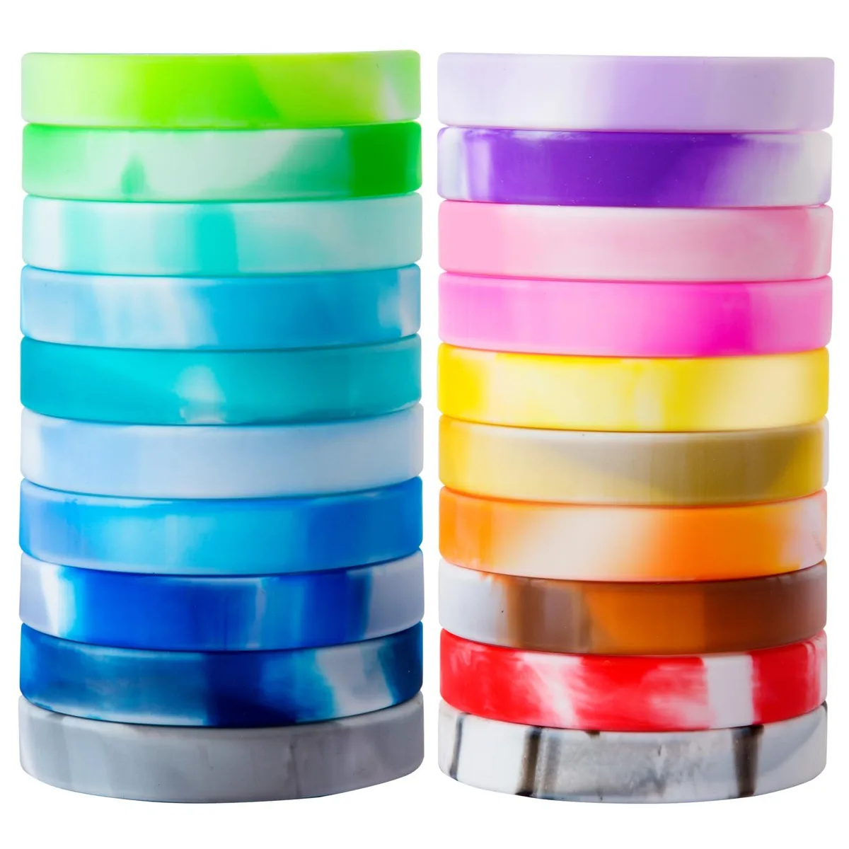 Twenty white swirl silicone wristbands, each eight inches by half an inch